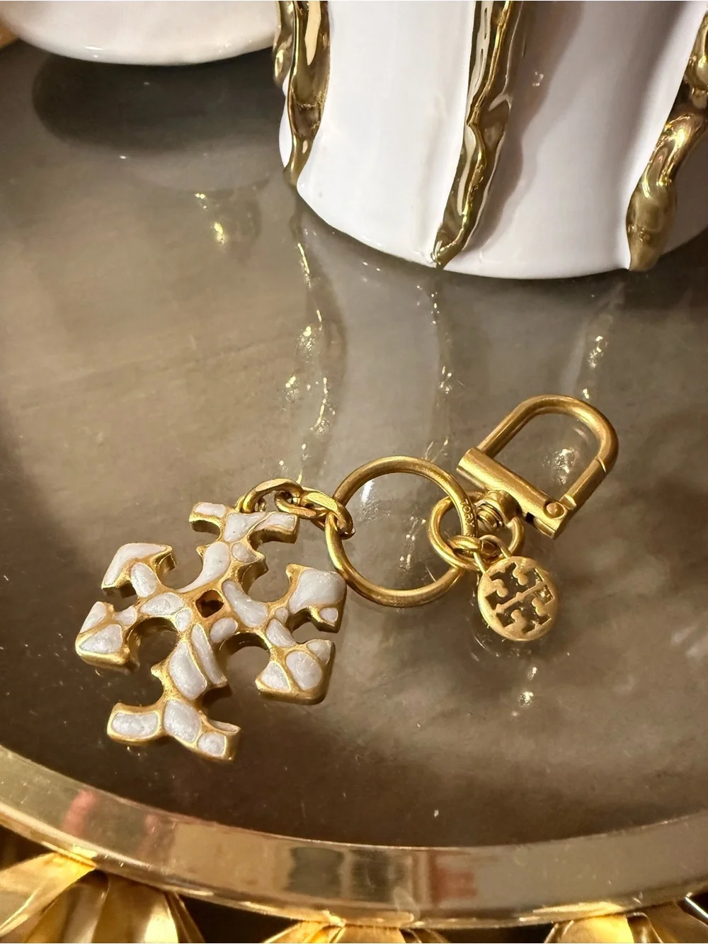 Tory Burch Gold-Tone Logo with White Enamel Accents Key Chain
